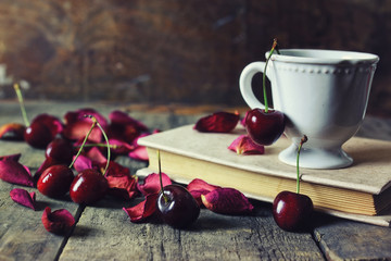 vintage composition cherry berry on wooden background