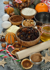 Ingredients to bake traditional Christmas fruit cake