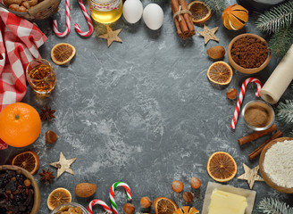 Fototapeta na wymiar Ingredients to bake traditional Christmas fruit cake