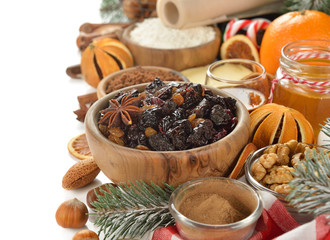 Ingredients to bake traditional Christmas fruit cake