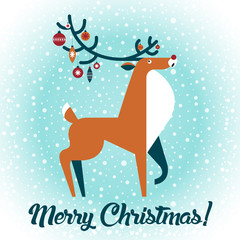 Vector Merry Christmas reindeer with Christmas toys on the horns. Vector illustration. New Year card.
