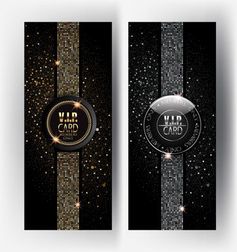 Gold and silver VIP cards with sparkling background
