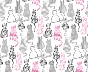 Behang Katten Vector naadloos patroon met hand tekenen getextureerde katten