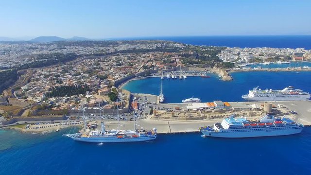Rhodes, Greece - Aerial view of the old town and port.