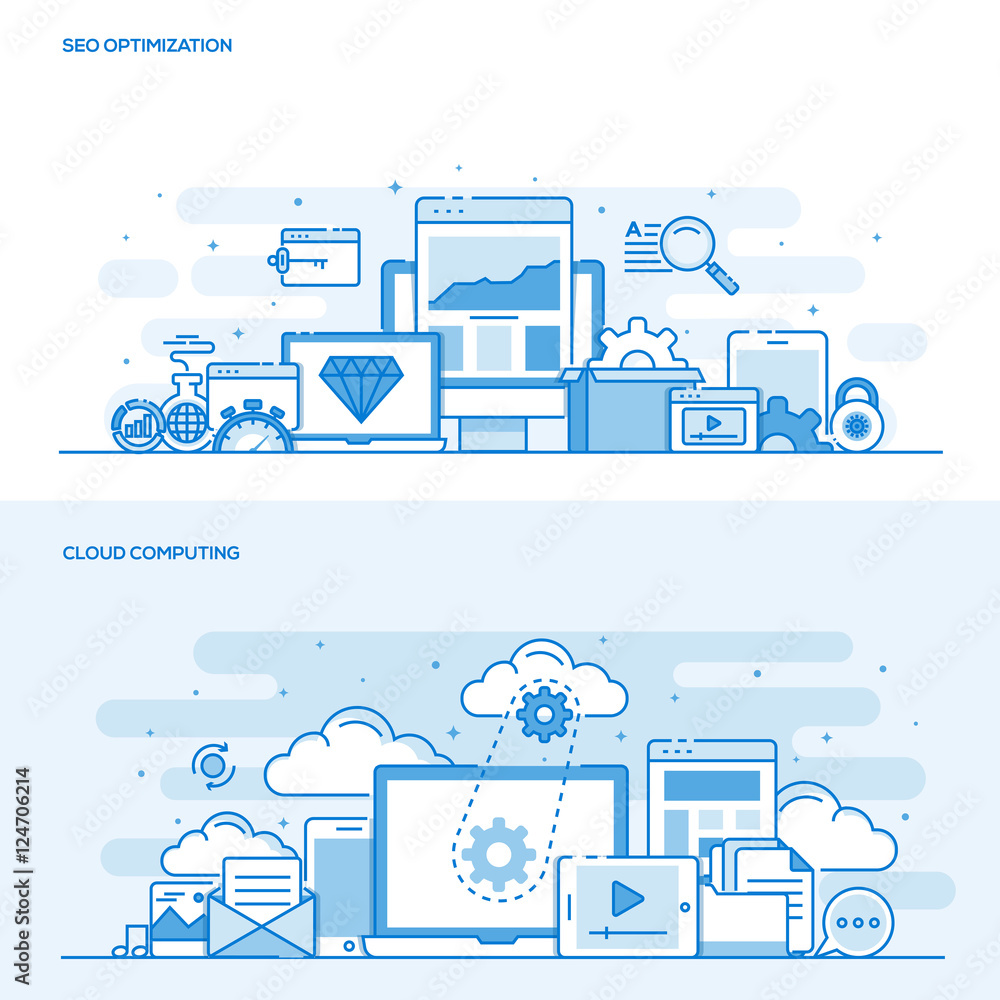 Poster flat line color concept- seo and cloud computing