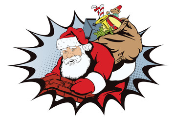 Santa Claus with a bag of gifts climbs in pipe