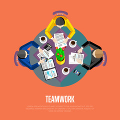 Teamwork concept. Top view workspace background, vector illustration. Business workplace with people, paperwork, laptop, cup of coffee and other objects on table. Business team work process