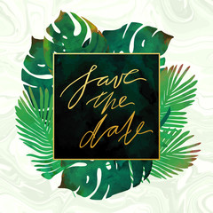Trendy tropical jungle style vector invitation template. Watercolor paint textured palm-tree leaves on marble background. Natural stone, exotic green plants and emerald velvet textures. - 124706813
