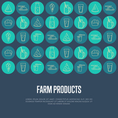 Farm products banner with different dairy round icons and space for text, vector illustration. Nutritious and healthy products. Organic farming. Natural and healthy food. Blue dairy background