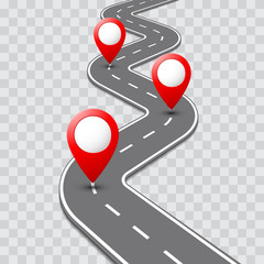 Vector pathway road map with GPS route pin icon