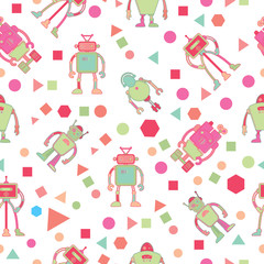 Seamless pattern for kids wallpaper design with robots and geometric shapes. Vector illustration