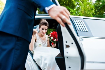 Groom open door of limousine and take hand to bride - obrazy, fototapety, plakaty