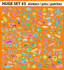 Huge pop art set with fashion patch, badges, stickers, pins, patches, quirky, handwritten notes collection. 80s-90s style. Trend. Vector illustration isolated. Vector clip art
