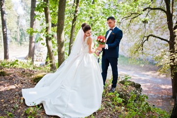 Gorgeous wedding couple at autumn park in love