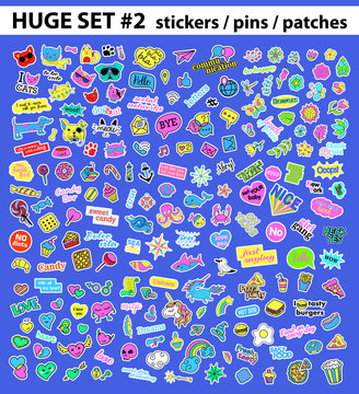 Huge pop art set with fashion patch, badges, stickers, pins, patches, quirky, handwritten notes collection. 80s-90s style. Trend. Vector illustration isolated. Vector clip art