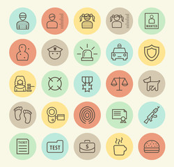 Set of Isolated Universal Minimal Simple Thin Line Police Icons on Circular Color Buttons.