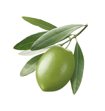 Glossy green olives isolated on white background