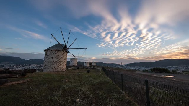 HD timelaps : windmills overlooking Bodrum in Turkey.