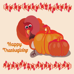 Vector Illustration of a Happy Thanksgiving Celebration Design with Cartoon Turkey and flora pattern