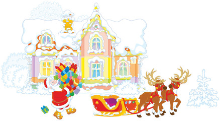 Fototapeta na wymiar Santa Claus carrying a pile of Christmas gifts to a sleigh with reindeers against the background of his house