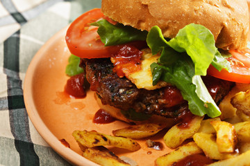 Plate with burger and chips closeup