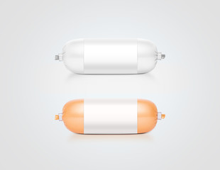 Blank white and yellow sausage pack design mockup, isolated, clipping path. Space pate plastic bag...