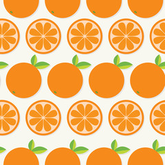 Orange fruit set with leaf in a row. Cut half Healthy lifestyle food. Seamless Pattern Flat design. White background.