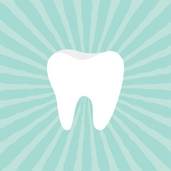 Tooth icon. Healthy tooth. Oral dental hygiene. Children teeth care. Tooth health. Blue sunburst starburst background with ray of light. Flat design.