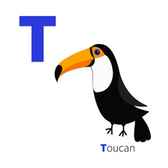 Letter T Toucan Toco Big yellow beak. Beautiful Exotic tropical bird. Baby animal collection. Cute cartoon character. Zoo alphabet. English abc, Flat design. White background. Isolated.