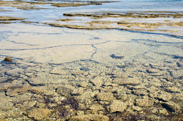 Underwater texture of a coloful rocky seafloor with stone pieces