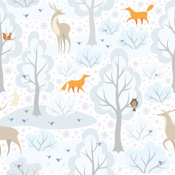 Christmas seamless pattern with the image of the winter forest and wild animals