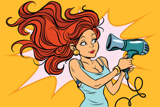 Redhead comics woman dries the hair dryer