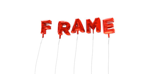 FRAME - word made from red foil balloons - 3D rendered.  Can be used for an online banner ad or a print postcard.