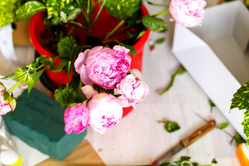 Bouquet of peonies in workshop