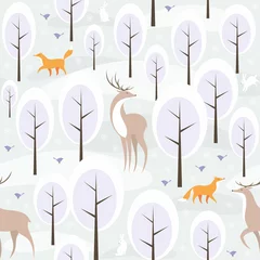 Tapeten Waldtiere Weihnachtsnahtloses Muster mit dem Bild des Winterwaldes und der wilden Tiere