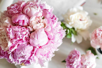 Bouquet of peonies in workshop