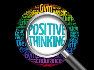 Positive thinking word cloud with magnifying glass, health concept 3D illustration