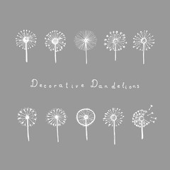 Set of abstract graphic doodle dandelions. Decorative Elements for design, dandelions