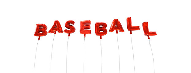 BASEBALL - word made from red foil balloons - 3D rendered.  Can be used for an online banner ad or a print postcard.