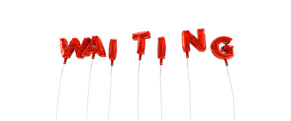 WAITING - word made from red foil balloons - 3D rendered.  Can be used for an online banner ad or a print postcard.