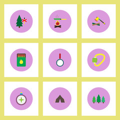 Collection of stylish vector icons in colorful circles Camping equipment