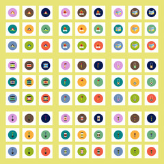 Collection of stylish vector icons in colorful circles Camping stuff