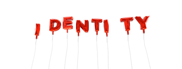 IDENTITY - word made from red foil balloons - 3D rendered.  Can be used for an online banner ad or a print postcard.