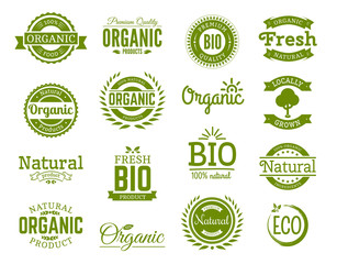Retro style set of 100% bio, natural, organic, eco, healthy, premium quality food labels. Logo templates with vintage elements in green color for identity, packaging. Set of vector badges.
 - obrazy, fototapety, plakaty