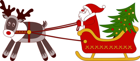 Santa rides in a sleigh pulled by reindeer 