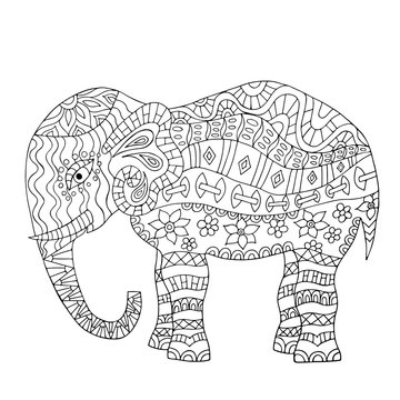 Hand drawn elephant coloring page.