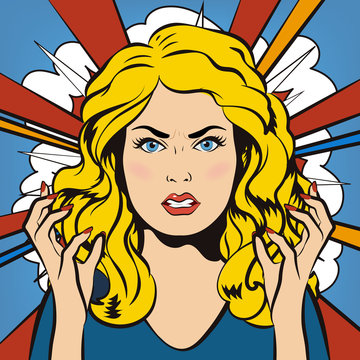 Angry Woman. Young furious Girl. Negative Emotions. Bad Days. Bad Mood. Stressful Woman. Comic Background. Pop Art Banner. Vector cartoon illustration.