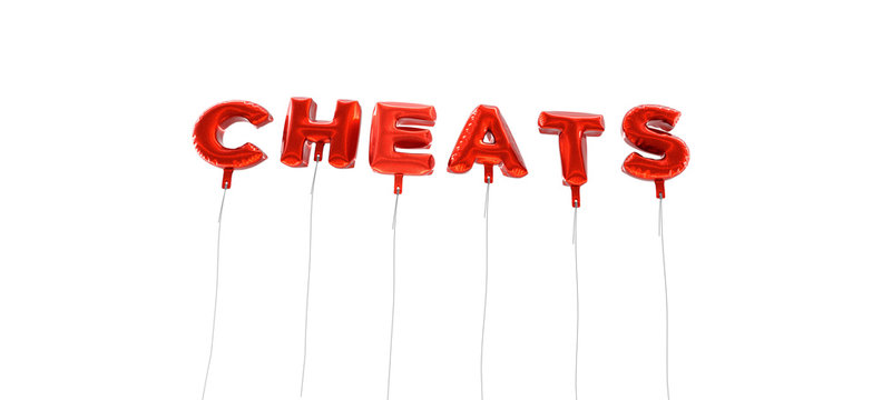CHEATS - word made from red foil balloons - 3D rendered.  Can be used for an online banner ad or a print postcard.
