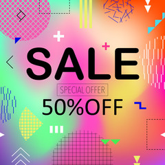 Sale up to 50%, 70% off colorful bright poster promo department store. Fashion product discount . Vector illustration. 80s - 90s Memphis style.