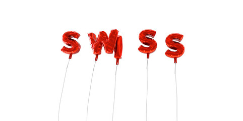SWISS - word made from red foil balloons - 3D rendered.  Can be used for an online banner ad or a print postcard.